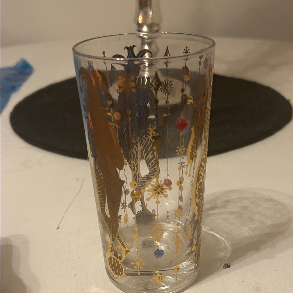 Decorative Vintage High Ball Glass with Gold and Blue Accents- Set of 7